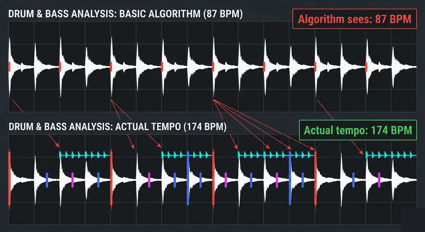 Drum and bass BPM detection comparison basic algorithm incorrectly detects 87 BPM while full analysis shows actual tempo of 174 BPM