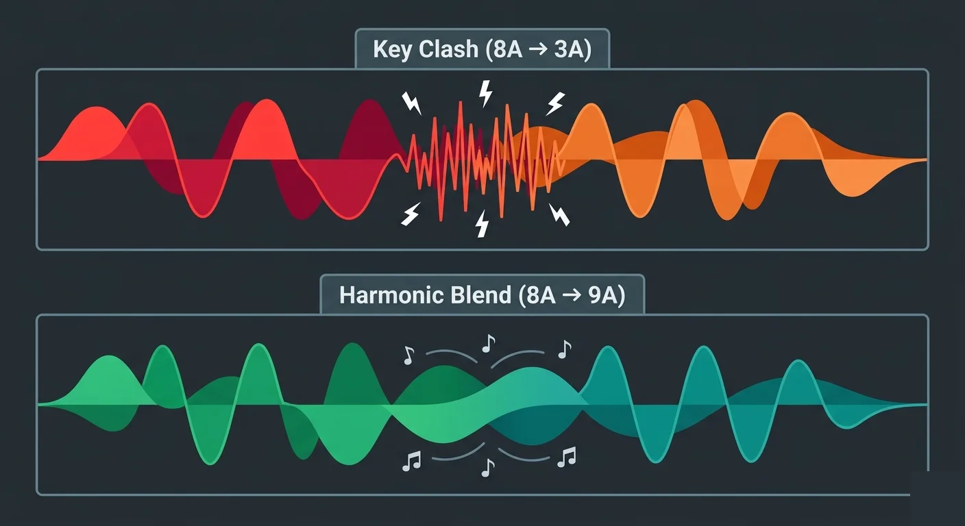 Key clash vs harmonic blend comparison 8A to 3A creates dissonance while 8A to 9A blends smoothly