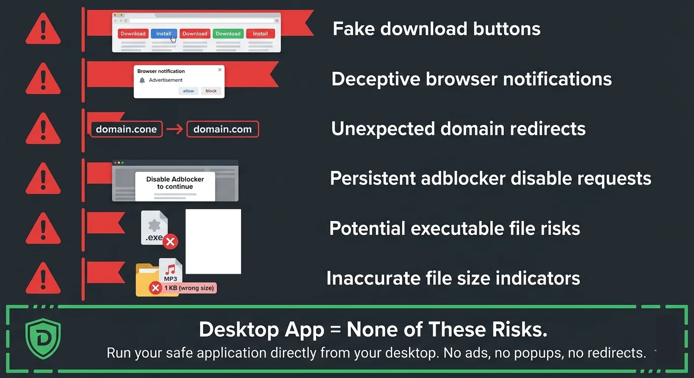 6 red flags of dangerous YouTube to MP3 converter sites   fake download buttons, deceptive notifications, domain redirects, adblocker disable requests, executable files, wrong file sizes